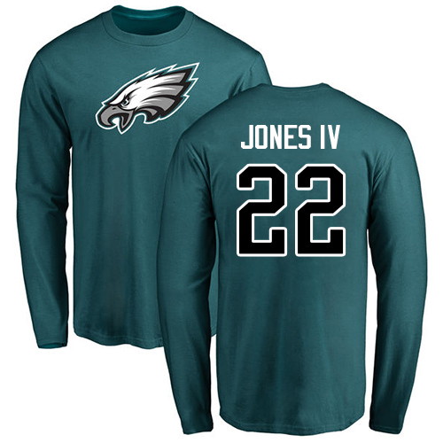 Men Philadelphia Eagles #22 Sidney Jones Green Name and Number Logo Long Sleeve NFL T Shirt
